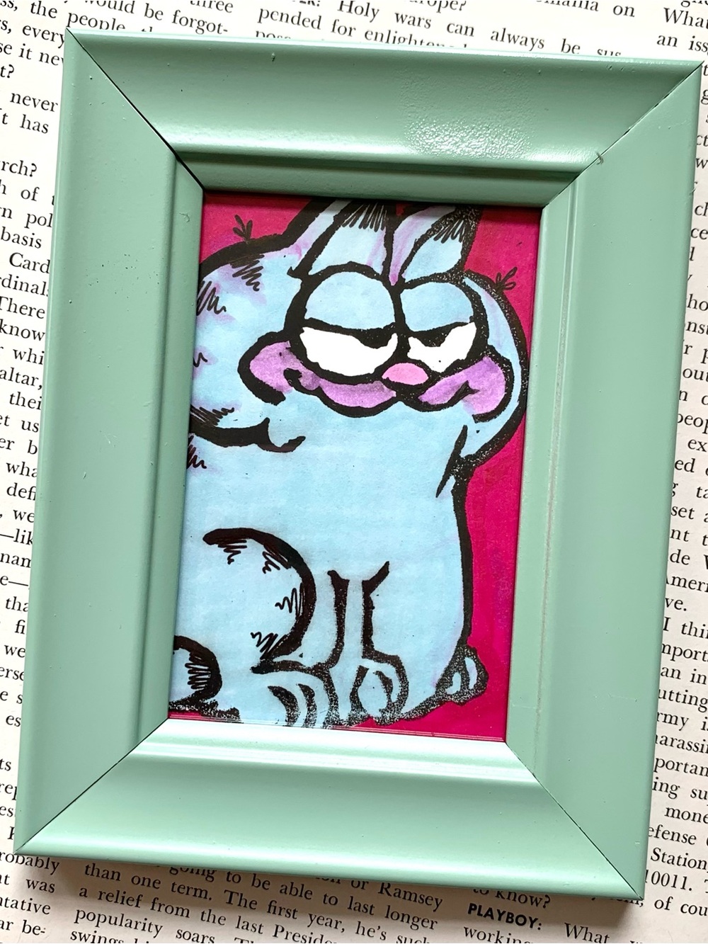 Garfield Comic Linocut Block Print Pop Art Card ATC ACEO | Vintage Green Frame